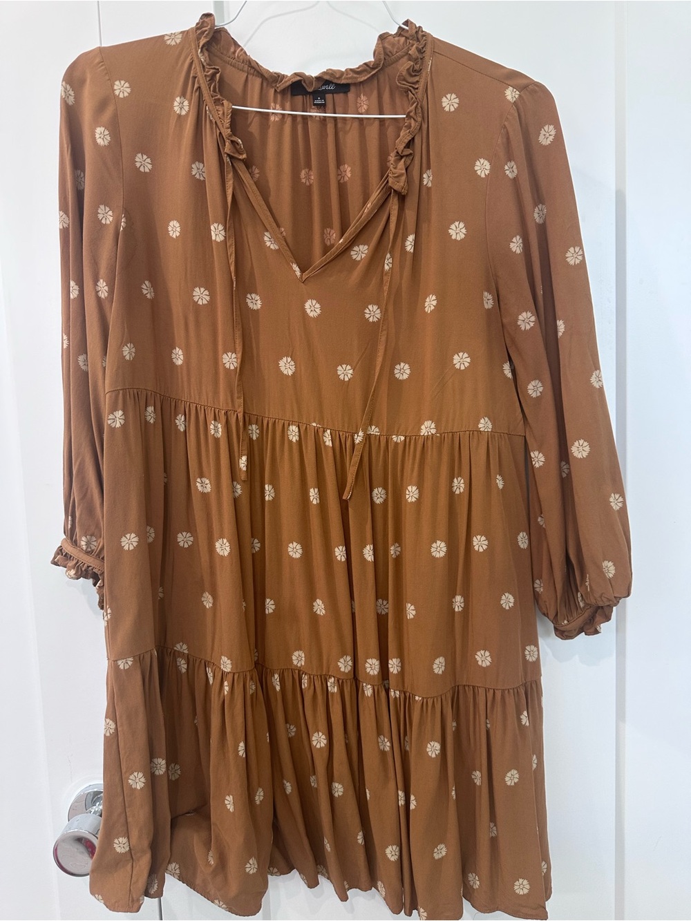 Madewell Rust Brown Floral Tiered Ruffle-Neck Long Sleeve Dress